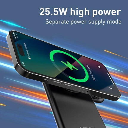 LDNIO Charger Stand for Daily Device Charging at Home showing smartphone magnetically charging at 25.5W on a sleek black stand