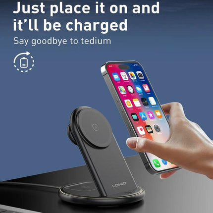 LDNIO Charger Stand for Daily Device Charging at Home showing wireless phone placement with earbuds and smartwatch-ready magnetic charging
