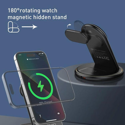 LDNIO Charger Stand for Daily Device Charging at Home showing wireless phone charging with magnetic rotating watch stand and tidy earbuds area