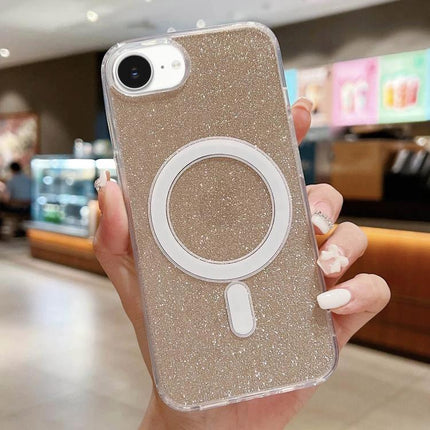 Clear Glitter MagSafe Case for Everyday iPhone Protection - clear glitter acrylic TPU case with MagSafe ring showing on iPhone in cafe