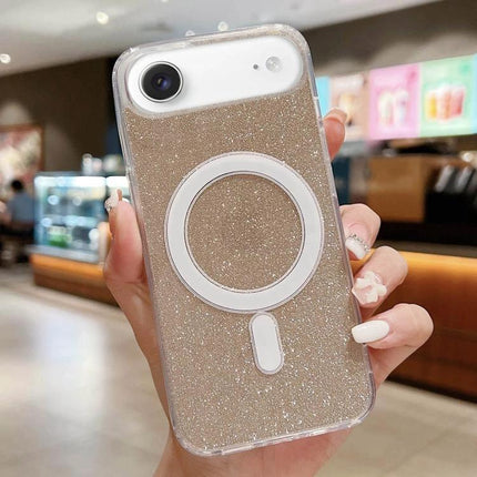 Clear Glitter Acrylic Case for iPhone Daily Protection showing clear glitter finish, MagSafe ring, TPU bumper and acrylic shell in hand