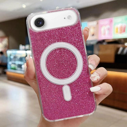 Clear Glitter Acrylic Case for iPhone Daily Protection in pink glitter with MagSafe ring, acrylic shell and TPU bumper, shown on iPhone held in hand