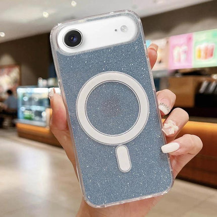Clear Glitter Acrylic Case for iPhone Daily Protection with MagSafe ring, clear glitter finish and TPU bumper shown on white iPhone held in hand