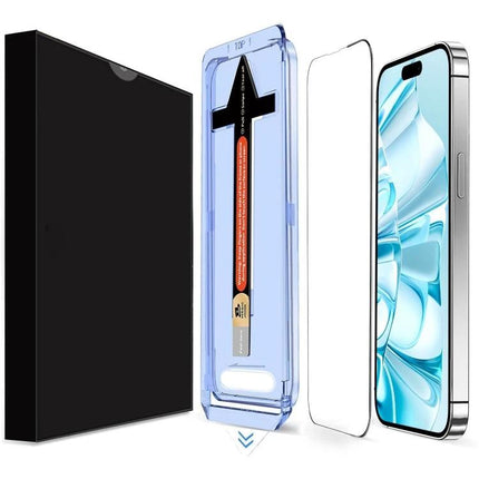 LK Tempered Glass Screen Protector for Daily iPhone Use showing protector, alignment tool, and iPhone for everyday scratch and impact protection
