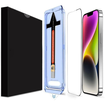 LK Tempered Glass Screen Protector for Daily iPhone Use showing protector, installation frame, and iPhone mockup