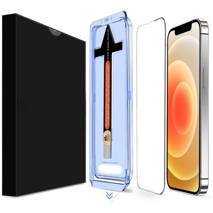 LK Tempered Glass Screen Protector for Daily iPhone Use shown with applicator tray, glass protector, and iPhone for everyday scratch and fingerprint protection