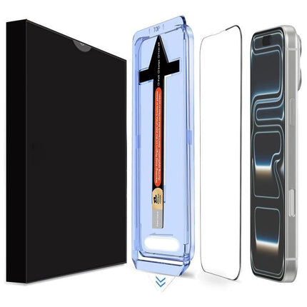 LK Tempered Glass Screen Protector for Daily iPhone Use showing protector, installation tray, packaging, and iPhone