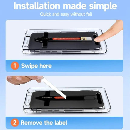LK Tempered Glass Screen Protector for Daily iPhone Use showing simple installation steps with swipe and label removal