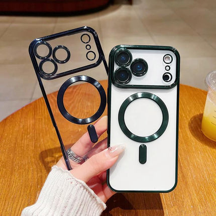 MagSafe iPhone Case for Everyday Home Use showing clear TPU case with MagSafe ring and camera protection on a white iPhone