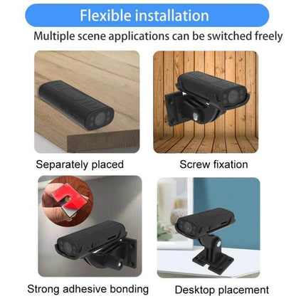 W2 Compact Wireless Smart Camera for Home Security shown in flexible installation options: separate, screw mount, adhesive, and desktop placement