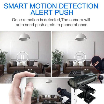 W2 Compact Wireless Smart Camera for Home Security ultra-compact camera in living room showing motion detection alert and intruder notification via app
