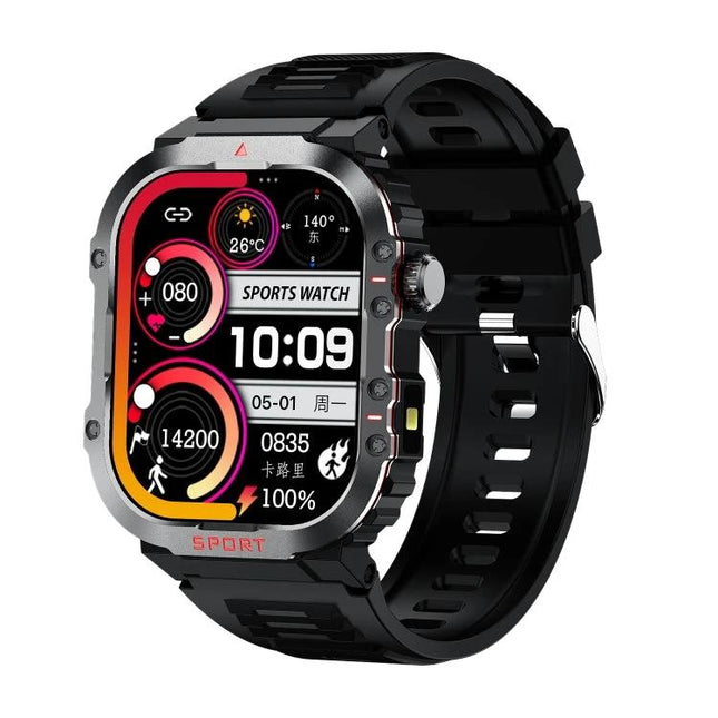 Smart Watch for Everyday Health Tracking and Daily Activity - rugged black sports smartwatch showing heart rate, steps, sleep and hydration reminders