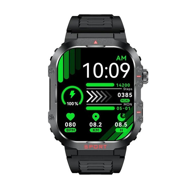 Smart Watch for Everyday Health Tracking and Daily Activity showing time, step count, heart rate, calories, distance and activity reminders on a black sport smartwatch face