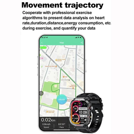 Smart Watch for Everyday Health Tracking and Daily Activity showing movement trajectory map, heart rate and workout stats on phone and watch