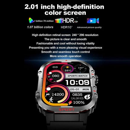 Smart Watch for Everyday Health Tracking and Daily Activity showing colorful 2.01-inch HD screen with step count, heart rate, calories, sleep and activity reminders