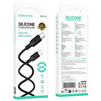 Charge your devices easily with this BOROFONE Type-C cable 2m black silicone USB-C to USB-C for smartphone and laptop charging