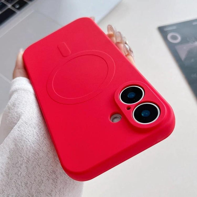 Daily Silicone Phone Case for iPhone 16 Everyday Protection in vibrant red showing precise camera cutouts, soft liquid silicone grip and slim everyday pocket-ready design