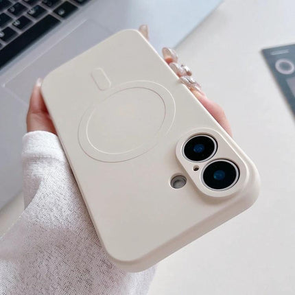 Daily Silicone Phone Case for iPhone 16 Everyday Protection in soft beige silicone showing precise camera cutouts and MagSafe ring