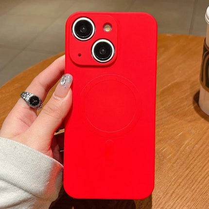 Liquid Silicone Phone Case For Everyday Protection - red soft grippy silicone phone cover held in hand protecting dual-camera smartphone