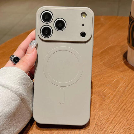 Silicone Phone Case For Daily Use Slim Fit in soft-touch grey showing slim profile, camera cutouts and MagSafe ring for secure everyday grip