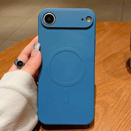 Liquid Silicone Phone Case for Everyday iPhone Protection in matte blue with soft grip and slim profile, shown on an iPhone held in hand