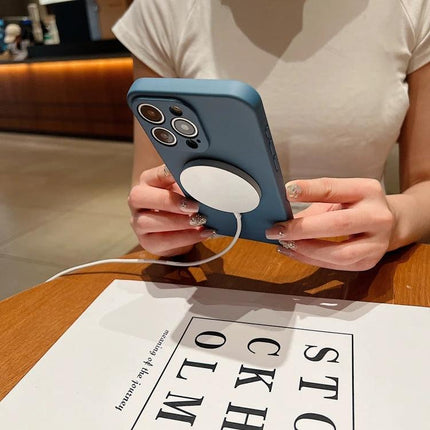 iPhone Silicone Magnetic Case For Everyday Protection And Easy Daily Handling On The Go - blue liquid silicone case with magnetic charger attached, slim protective fit
