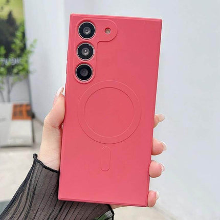 Liquid Silicone MagSafe Case For Samsung Galaxy Phone in pink with MagSafe ring and precise camera cutouts