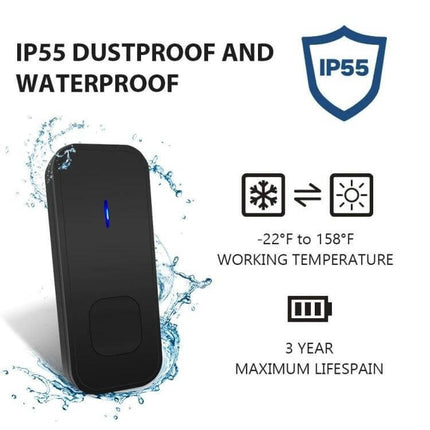 Reliable Waterproof Wireless Doorbell with Dual Transmitters for Home Use showing IP55 waterproof rating and temperature range