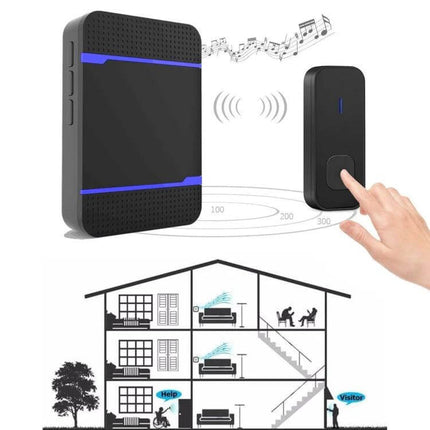 Reliable Waterproof Wireless Doorbell with Dual Transmitters for Home Use modern black unit showing dual transmitters, 300ft range and waterproof design