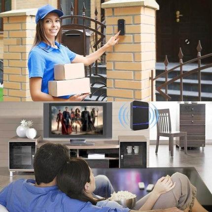 Reliable Waterproof Wireless Doorbell with Dual Transmitters for Home Use shown with delivery person at gate and indoor chime alert