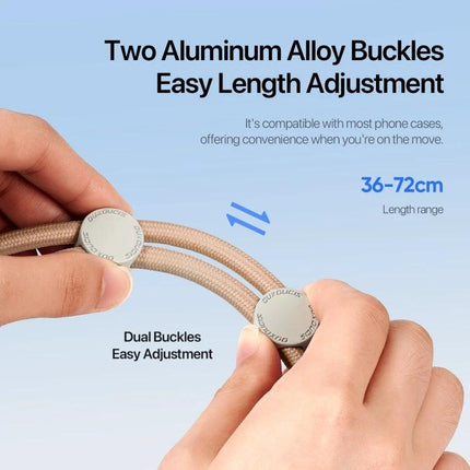 DUX DUCIS Adjustable Crossbody Neck Phone Lanyard for Hands-Free Use showing dual aluminum alloy buckles and 36-72cm adjustable length