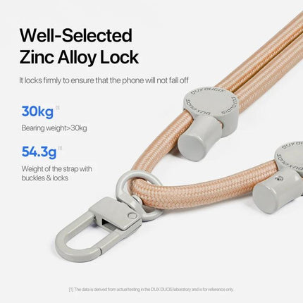DUX DUCIS Adjustable Crossbody Neck Phone Lanyard for Hands-Free Use with zinc alloy lock and adjustable strap showing metal clip and durable braided cord