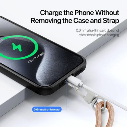 DUX DUCIS Adjustable Crossbody Neck Phone Lanyard for Hands-Free Use showing phone charging with lanyard attached
