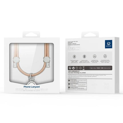 DUX DUCIS Adjustable Crossbody Neck Phone Lanyard for Hands-Free Use - beige leather phone lanyard in retail packaging