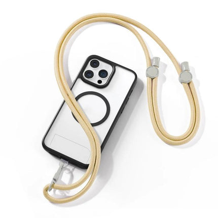 DUX DUCIS Adjustable Crossbody Neck Phone Lanyard for Hands-Free Use shown in beige with phone case, adjustable length and secure connector