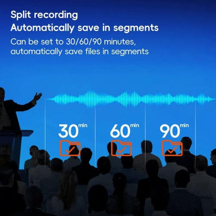 Essential Voice Recorder for Daily Notes and Meetings showing split recording saving files in 30/60/90 minute segments for lectures and meetings