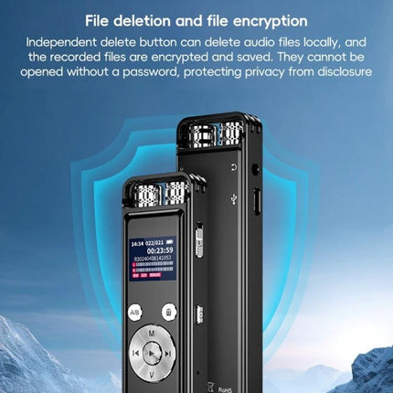 A Practical Voice Recorder for Daily Notes and Conversations showing compact black recorder with display, one-touch record, and encrypted file protection