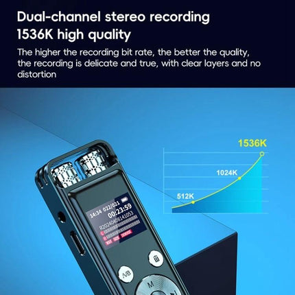 A Practical Voice Recorder for Daily Notes and Conversations showing dual-channel stereo recording and 1536K high quality bit rate