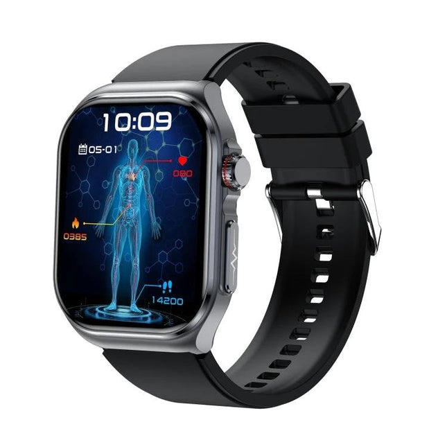 A versatile smart watch for everyday health tracking and routines shown with heart rate, blood oxygen and sleep tracking on a sleek black strap display