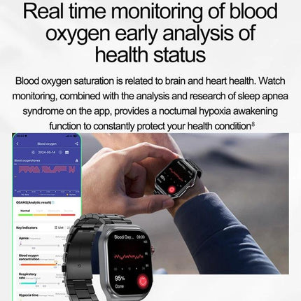 A versatile smart watch for everyday health tracking and routines showing blood oxygen monitoring, heart rate and sleep analysis on wrist and companion app