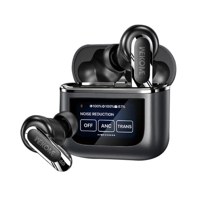WK Beluga Wireless Earbuds With Color Screen For Commutes And Calls showing ANC display and charging case
