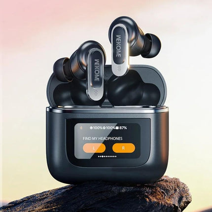 WK Beluga Wireless Earbuds With Color Screen For Commutes And Calls showing ANC earbuds in open charging case with LCD display