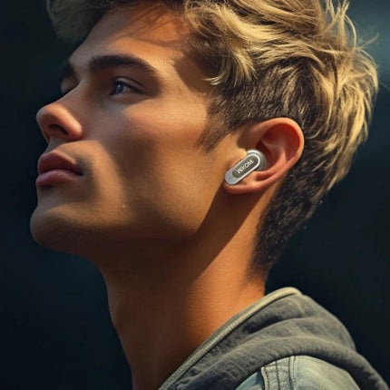 WK Beluga Wireless Earbuds With Color Screen For Commutes And Calls shown in ear, color display, ANC and Bluetooth 5.4 for commuting