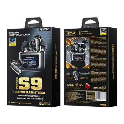 WK Beluga Wireless Earbuds With Color Screen For Commutes And Calls shown in black retail packaging with LCD case display