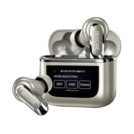 WK Beluga Wireless Earbuds With Color Screen For Commutes And Calls shown with ANC display and charging case