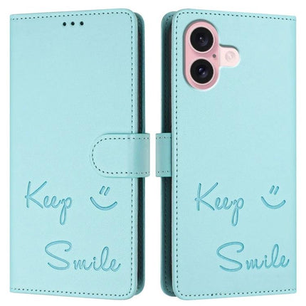 Smile Leather Card-Holder Phone Case For Everyday Card Organization - mint blue embossed leather wallet case with three card slots and cash pocket