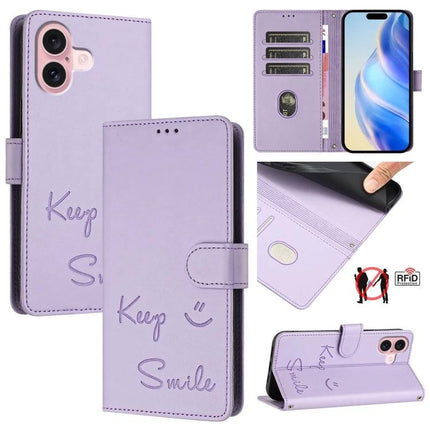 Smile Leather Card-Holder Phone Case For Everyday Card Organization in lavender leather with 3 card slots, cash compartment, RFID blocking, embossed Keep Smile