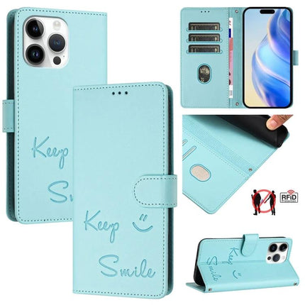 Smile Leather Card-Holder Phone Case For Everyday Card Organization - mint blue embossed leather wallet case with 3 card slots RFID protection