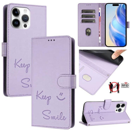 Smile Leather Card-Holder Phone Case For Everyday Card Organization - lavender embossed 'Keep Smile' wallet case with 3 card slots, cash pocket, RFID protection