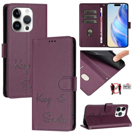Smile Leather Card-Holder Phone Case For Everyday Card Organization - purple embossed wallet phone case with 3 card slots, cash pocket, RFID blocking